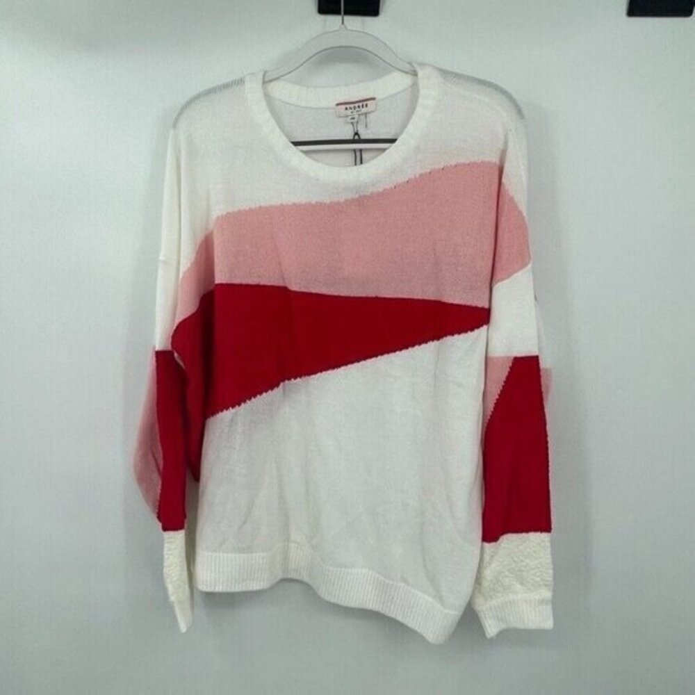Andre by Unit Womens Sweater 2X Plus Size Colorblock White Red Pink Preppy Knit